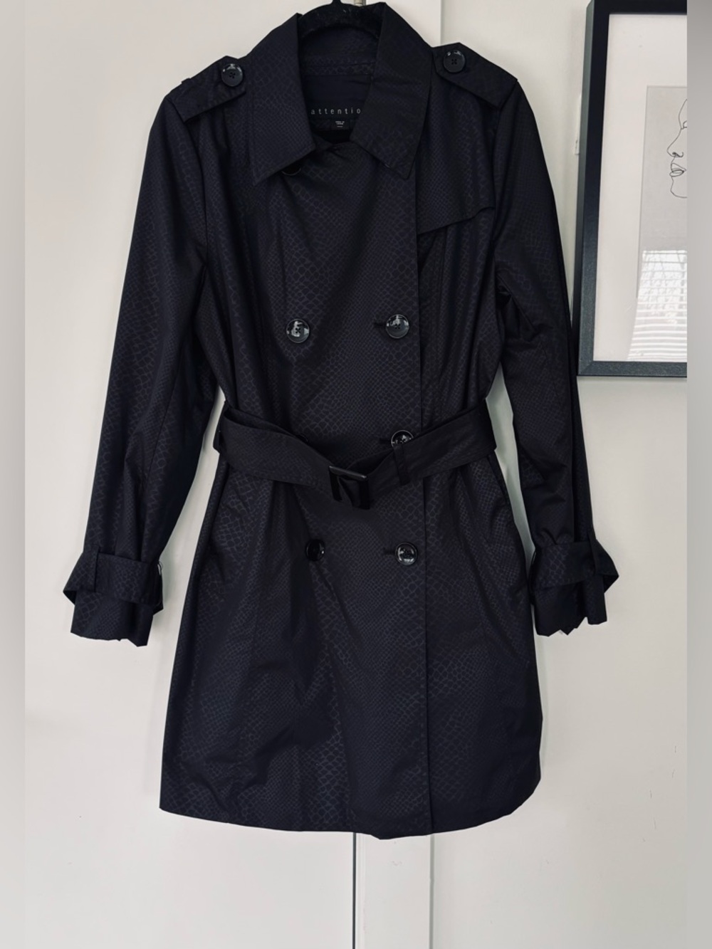 Attention Black Double Breasted Sheen Cheetah Print Trench Coat Size M